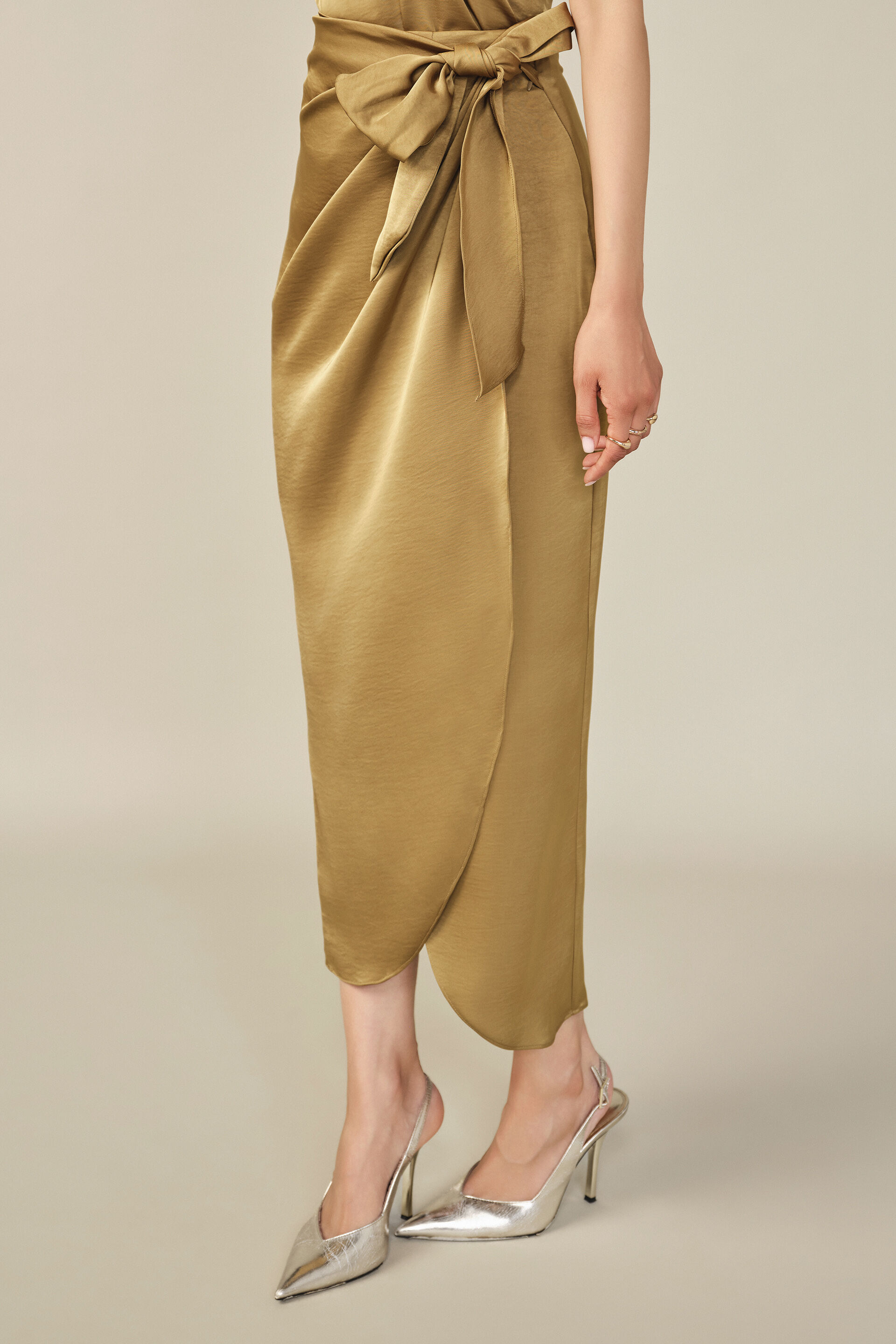 Solid Satin Skirt in Warm Olive, Olive, image 3